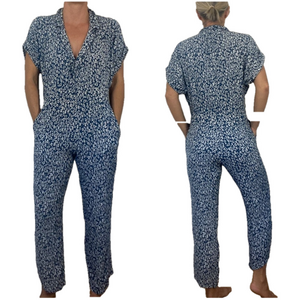 CLEOBELLA Blue White Printed Jumpsuit size Medium